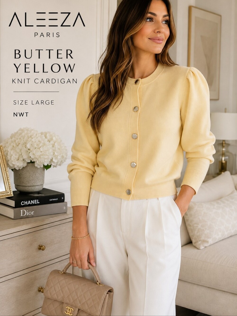 Aleeza Paris Butter Yellow Puff Sleeve Knit Cardigan Sweater L NWT